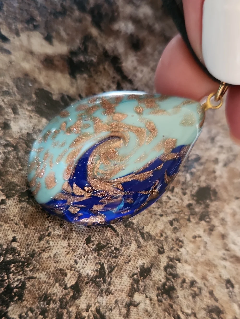 Handmade Teardrop Blue and Turquoise Glass Pendant And Swireled Ceramic Pendant